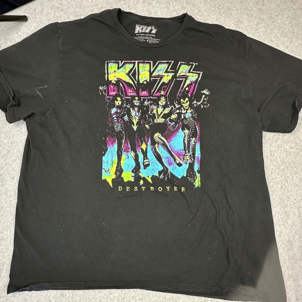 KISS Destroyer Band T-Shirt Mens 3XL Black Neon Graphic Short Sleeve Cotton Tee